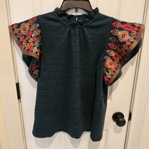 THML It's All You Teal Blue Embroidered Blouse Size M Sold Out